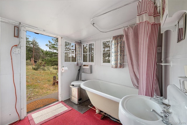 bathroom featuring vaulted ceiling, a bath, and sink