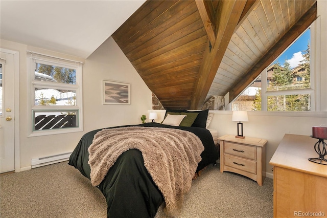 217 Van Anderson Dr Unit 6, Winter Park, CO 80482 - bedroom with wood ceiling, light colored carpet, vaulted ceiling with beams, and baseboard heating