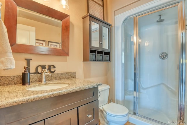 bathroom featuring vanity, toilet, and a shower with door