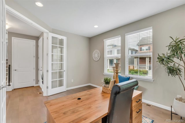 540 E Fremont Pl, Centennial, CO 80122 - home office featuring light wood-style flooring, french doors, baseboards, and recessed lighting