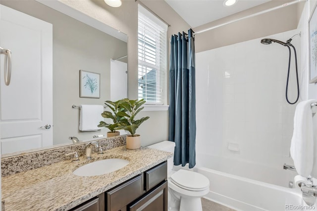 540 E Fremont Pl, Centennial, CO 80122 - full bathroom with vanity, shower / bath combo, toilet, and tile patterned floors