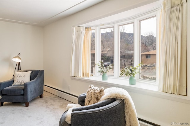 living area featuring a baseboard heating unit, carpet floors, and a mountain view