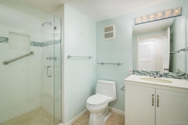 bathroom with toilet, a stall shower, decorative backsplash, baseboards, and vanity