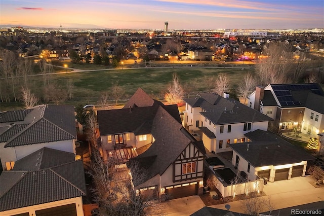 view of aerial view at dusk