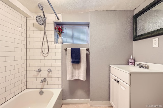4057 Bryant St, Denver, CO 80211 - full bath with a textured ceiling, vanity, shower / tub combination, and tile patterned flooring