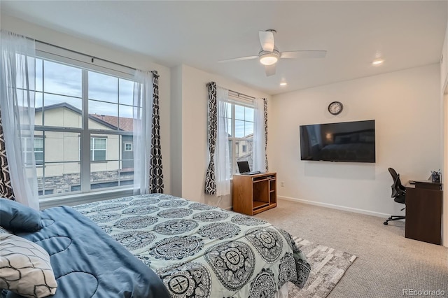 bedroom with carpet flooring, baseboards, ceiling fan, and recessed lighting