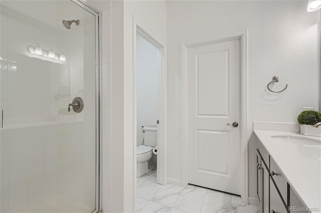 full bathroom featuring a stall shower, marble look tiles, toilet, and vanity