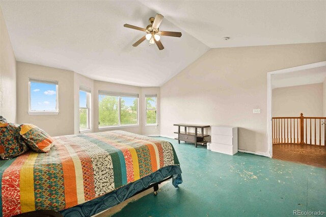 10170 E 151st Ct, Brighton, CO 80602 - bedroom with multiple windows, vaulted ceiling, and a ceiling fan