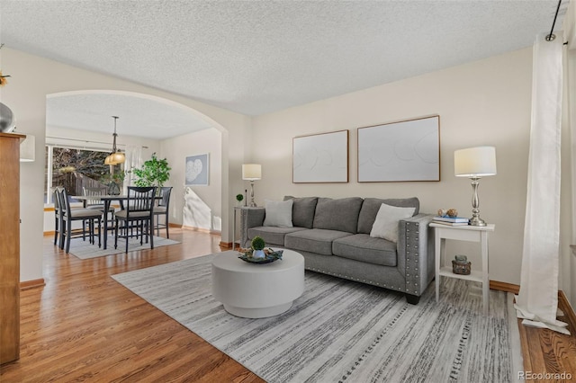 living room with a textured ceiling and hardwood / wood-style flooring