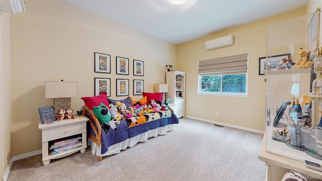 bedroom featuring a wall unit AC, baseboards, visible vents, and carpet flooring