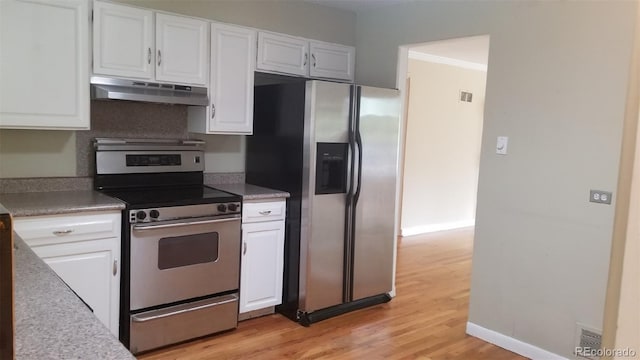 kitchen with under cabinet range hood, stainless steel appliances, white cabinets, and light wood finished floors