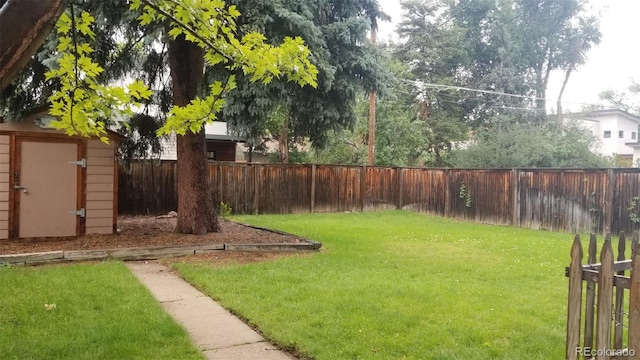 view of yard featuring a fenced backyard, a storage shed, and an outdoor structure