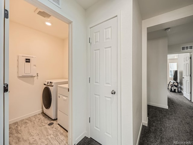 9237 Delgany Pt, Colorado Springs, CO 80927 - laundry area with washing machine and dryer, baseboards, electric panel, and recessed lighting