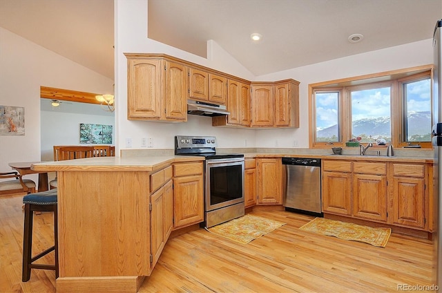 kitchen with sink, stainless steel appliances, a kitchen bar, kitchen peninsula, and light wood-type flooring