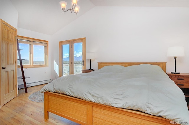 bedroom featuring light hardwood / wood-style flooring, a baseboard heating unit, access to exterior, high vaulted ceiling, and a notable chandelier