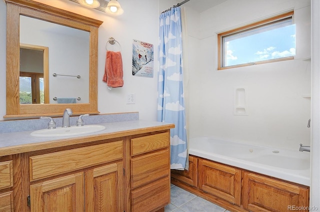 bathroom with vanity, shower / tub combo, and tile patterned floors