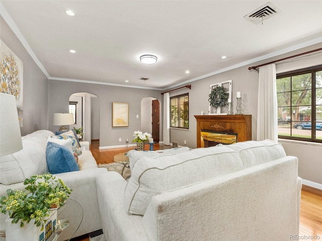 living room with a wealth of natural light, light hardwood / wood-style flooring, and crown molding