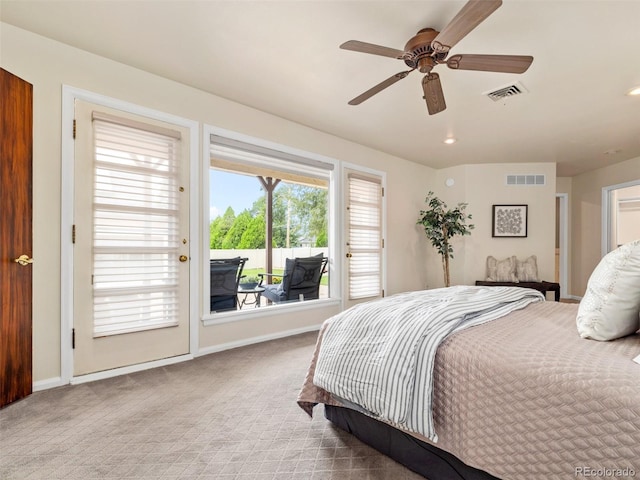 bedroom featuring ceiling fan, carpet, and access to exterior