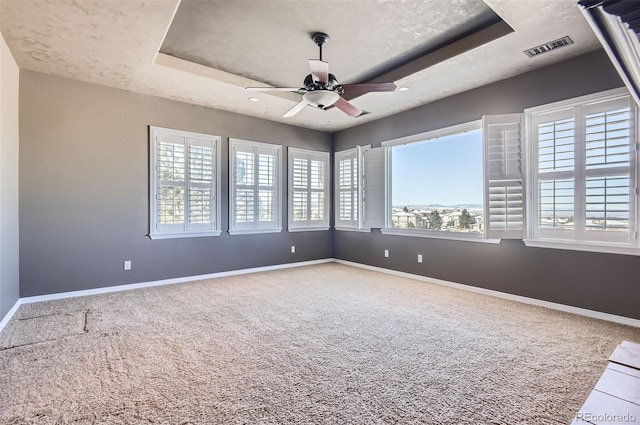 empty room with a raised ceiling, ceiling fan, and plenty of natural light