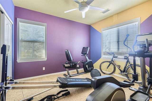 exercise area with ceiling fan and a healthy amount of sunlight