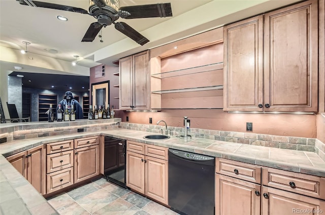 kitchen featuring ceiling fan, dishwasher, sink, tasteful backsplash, and tile countertops