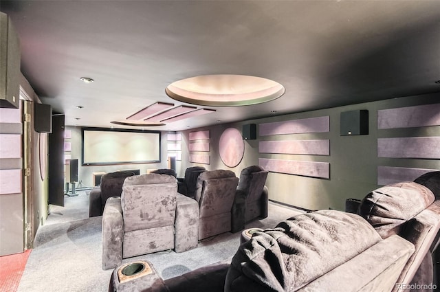 home theater with light colored carpet