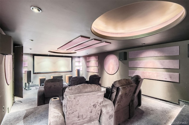 cinema with light carpet and a tray ceiling