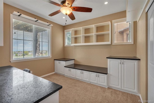 mudroom featuring recessed lighting, ceiling fan, light colored carpet, and baseboards