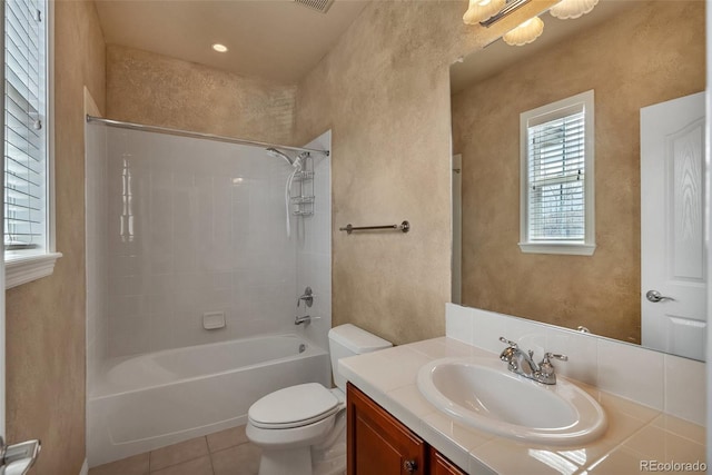 bathroom featuring a textured wall, shower / tub combination, vanity, toilet, and tile patterned floors