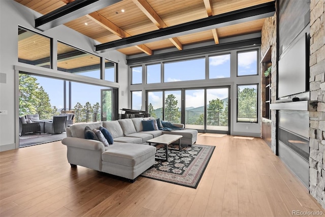 living room featuring wood ceiling, a fireplace, and a wealth of natural light