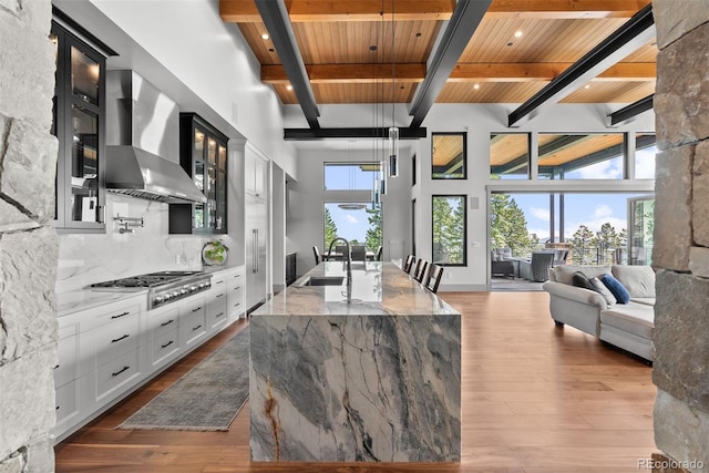 kitchen with light stone counters, sink, a kitchen island with sink, wall chimney range hood, and hardwood / wood-style flooring