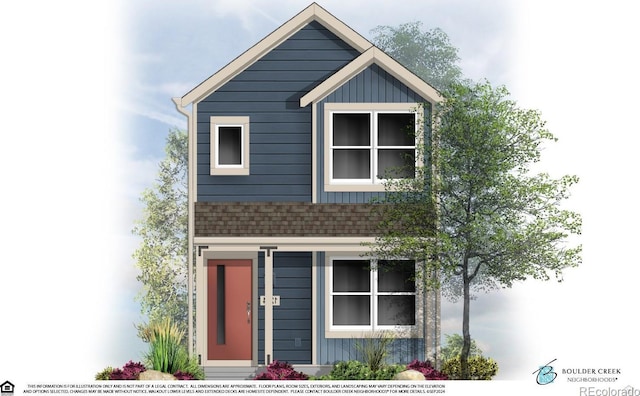 view of front of house featuring entry steps, board and batten siding, and roof with shingles