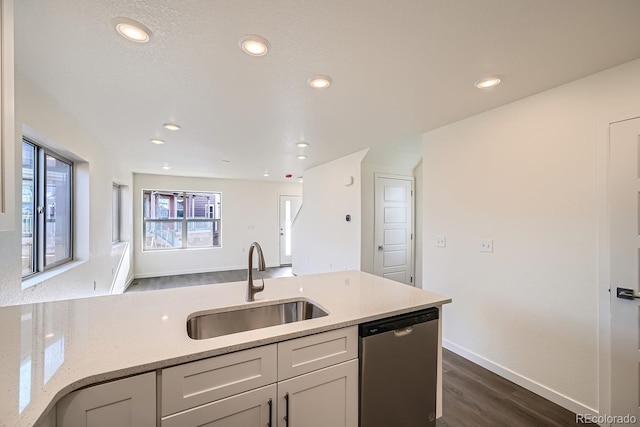 kitchen featuring light stone countertops, sink, stainless steel dishwasher, and dark hardwood / wood-style floors