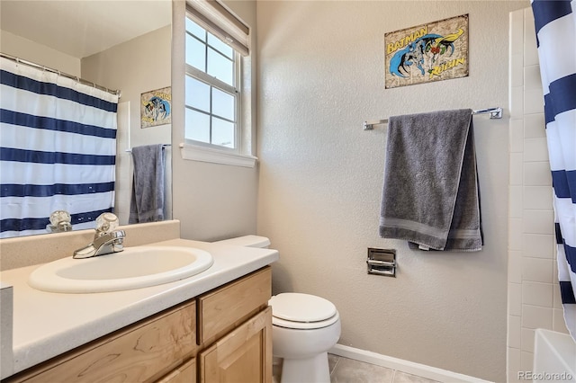 full bathroom with vanity, toilet, tile patterned floors, and shower / bath combo with shower curtain