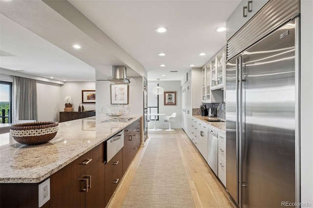 460 S Marion Pkwy Unit 1856, Denver, CO 80209 - kitchen featuring stainless steel appliances, white cabinetry, recessed lighting, dark brown cabinetry, and glass insert cabinets