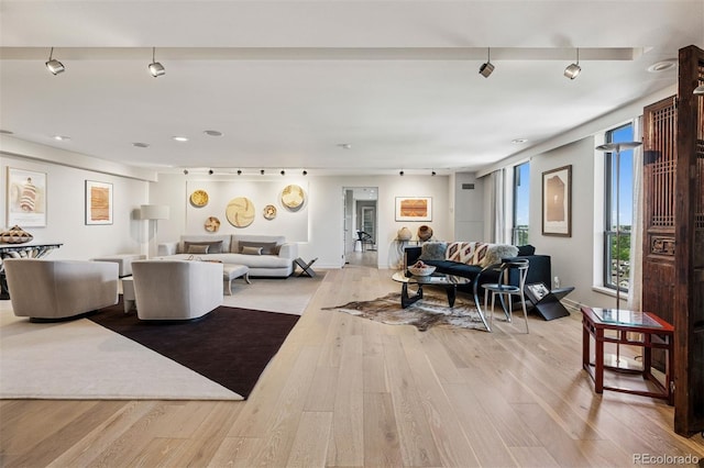 460 S Marion Pkwy Unit 1856, Denver, CO 80209 - living area featuring wood finished floors, rail lighting, and recessed lighting