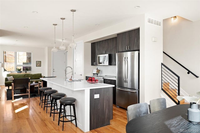 kitchen featuring visible vents, light countertops, light wood-type flooring, a kitchen breakfast bar, and stainless steel appliances