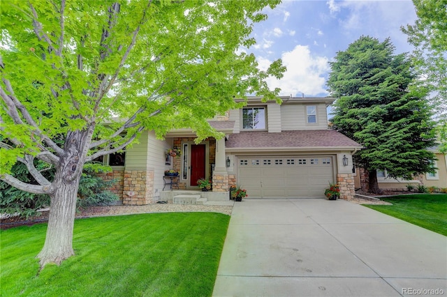 10609 Chadsworth Ln, Highlands Ranch, CO 80126 - view of front of house with stone siding, a garage, a front yard, and concrete driveway