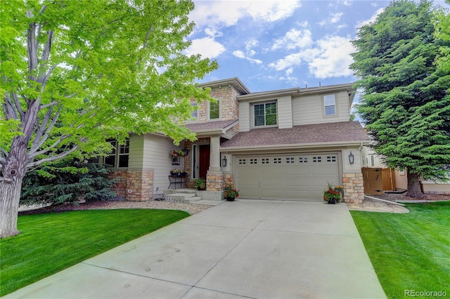 10609 Chadsworth Ln, Highlands Ranch, CO 80126 - view of front facade featuring stone siding, a garage, concrete driveway, and a front lawn