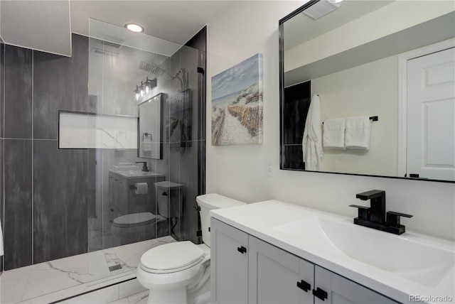 10609 Chadsworth Ln, Highlands Ranch, CO 80126 - full bathroom featuring toilet, walk in shower, vanity, and marble finish flooring