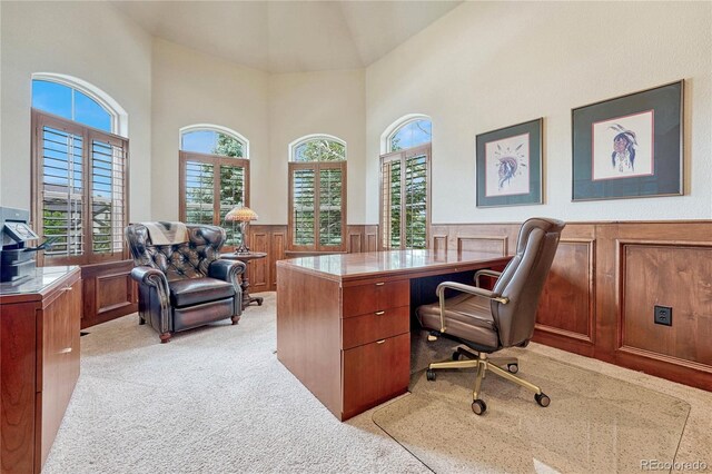 9121 Sunshine Meadow Pl, Parker, CO 80134 - office space with light carpet, a wainscoted wall, and vaulted ceiling