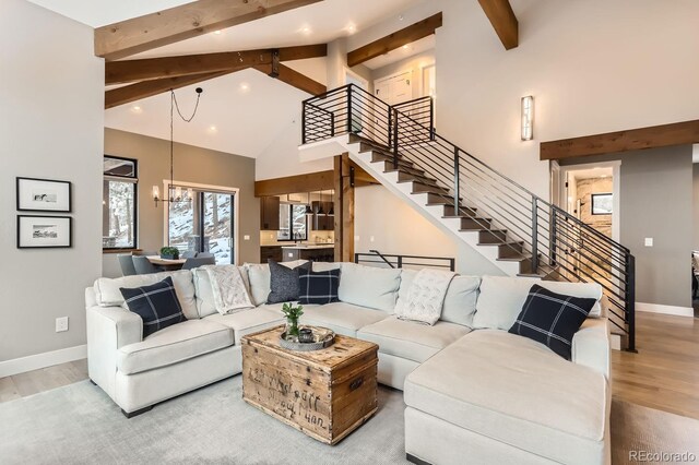 795 Pine Brook Rd, Boulder, CO 80304 - living area with high vaulted ceiling, stairway, beamed ceiling, recessed lighting, and wood finished floors