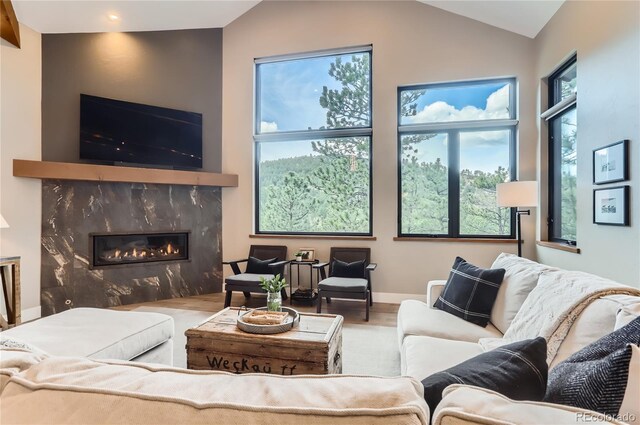 795 Pine Brook Rd, Boulder, CO 80304 - living area featuring wood finished floors, a premium fireplace, lofted ceiling, and baseboards
