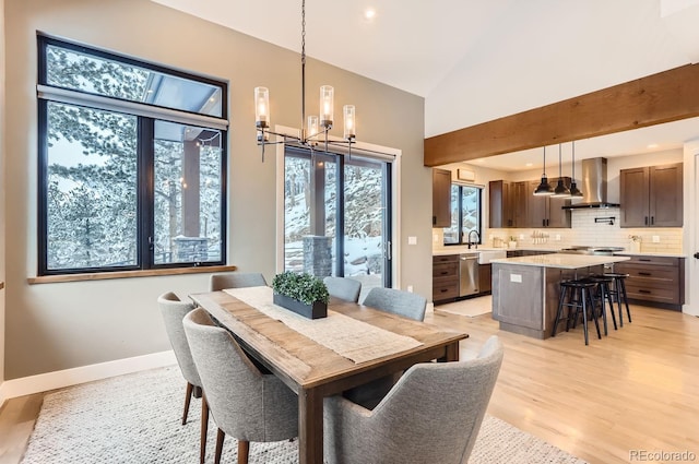 795 Pine Brook Rd, Boulder, CO 80304 - dining room featuring light wood-type flooring, a chandelier, baseboards, recessed lighting, and high vaulted ceiling