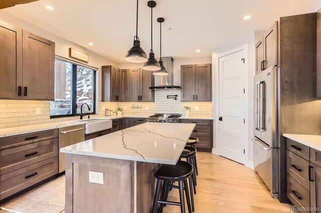 795 Pine Brook Rd, Boulder, CO 80304 - kitchen featuring wall chimney exhaust hood, appliances with stainless steel finishes, a sink, decorative backsplash, and recessed lighting