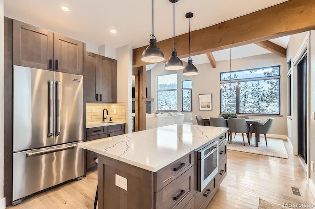 795 Pine Brook Rd, Boulder, CO 80304 - kitchen featuring appliances with stainless steel finishes, light wood-style floors, backsplash, a center island, and recessed lighting