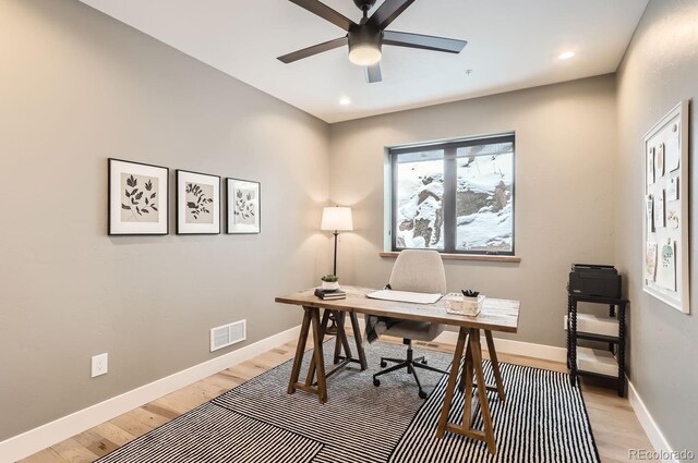 795 Pine Brook Rd, Boulder, CO 80304 - home office with light wood finished floors, ceiling fan, baseboards, and recessed lighting