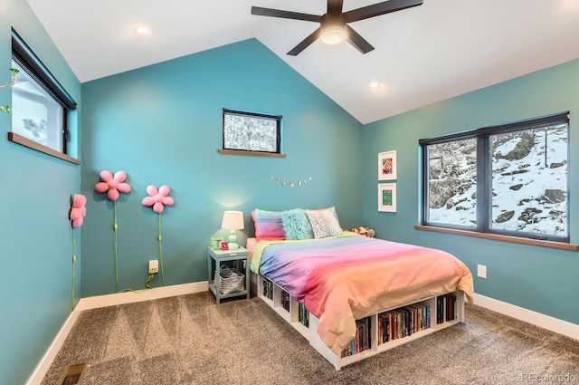 795 Pine Brook Rd, Boulder, CO 80304 - bedroom featuring vaulted ceiling, carpet, a ceiling fan, baseboards, and recessed lighting