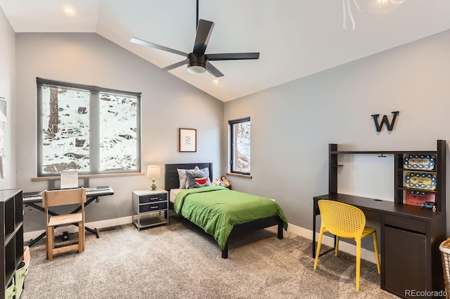 795 Pine Brook Rd, Boulder, CO 80304 - bedroom featuring vaulted ceiling, light colored carpet, an office area, baseboards, and a ceiling fan