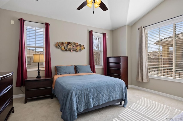 10127 Bluffmont Ln, Lone Tree, CO 80124 - bedroom with light colored carpet, multiple windows, vaulted ceiling, and baseboards